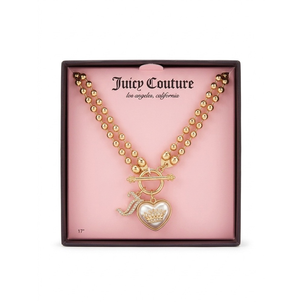 Juicy Couture Gold Tone 17" Double Strand Ball Chain Heart Crown Toggle Necklace